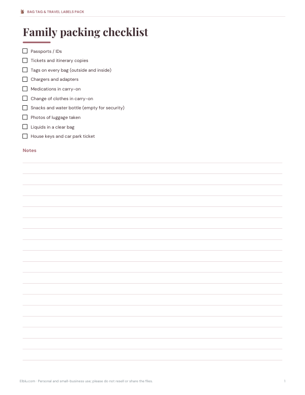 Preview of Printable Family Packing Checklist