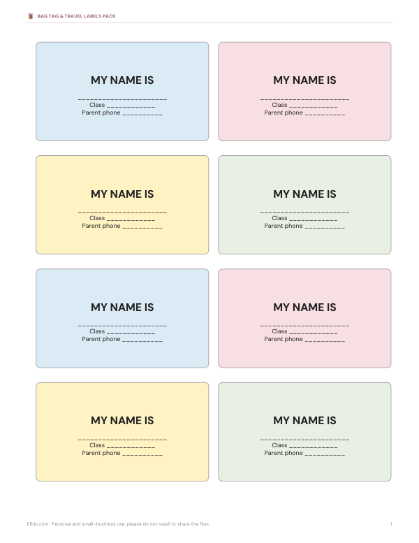 Preview of Printable School Bag Tags